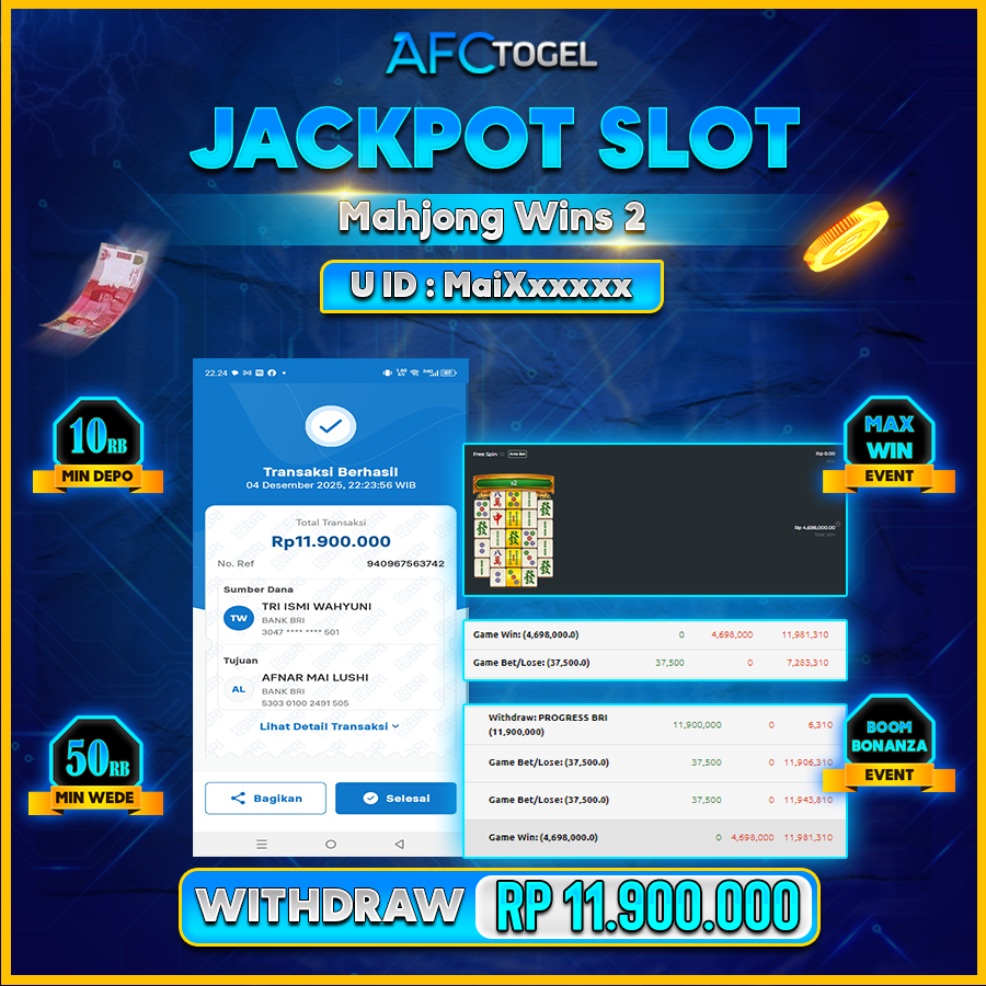 AFCTOGEL JACKPOT SLOT Mahjong Wins 2 Rp.11.900.000.,- LUNAS